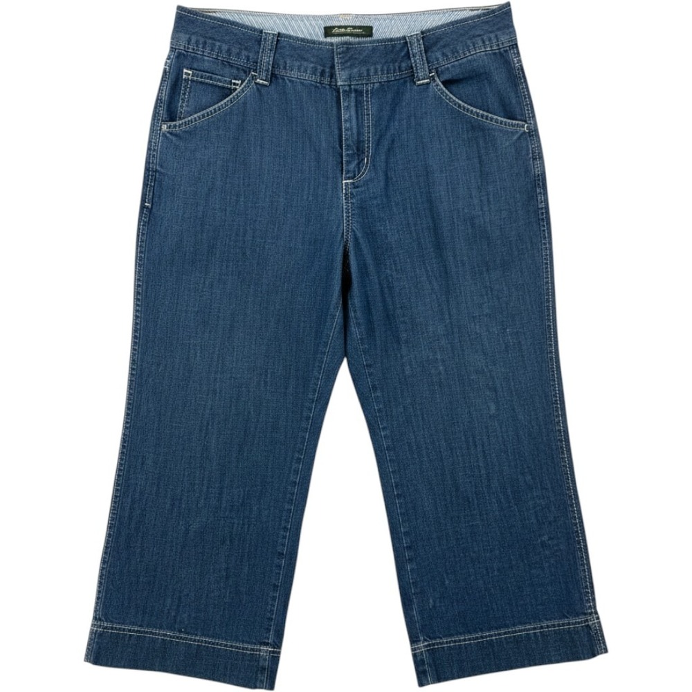 Eddie Bauer Women 10 Blue Denim Crop Capri Pants Straight Leg Cotton Casual